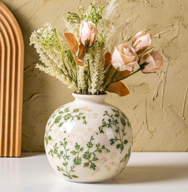Spherical Vintage Short Vase with Green Floral Pattern and Crackle Glaze