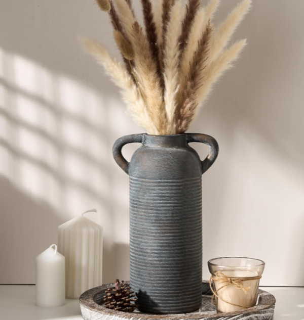 Vintage Style Distressed Grey Black Ribbed Stoneware Vase for Dried Flowers